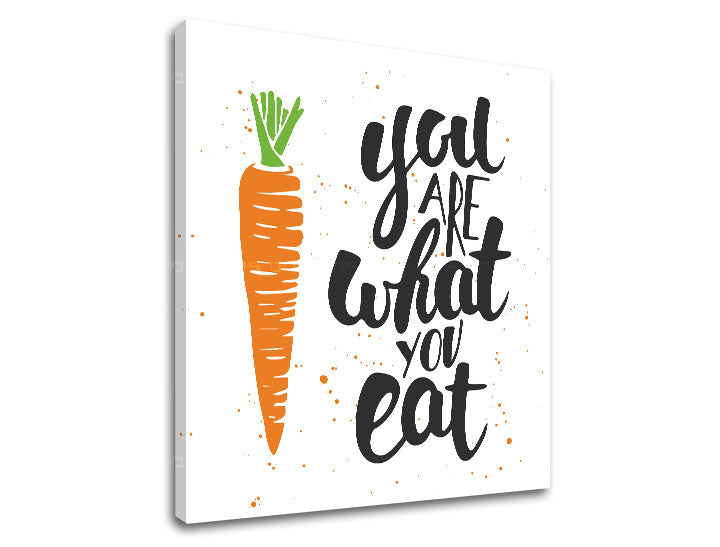Модерна картина на платно с мотив детски мотив, природа в бяло-оранжево нюанси, игрива атмосфера, подходяща за кухня | Картина за стена s textom You are what you eat – продукт