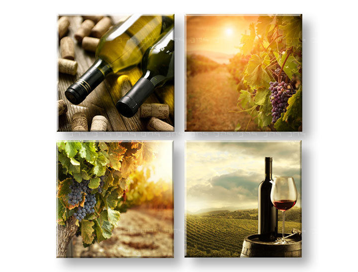 Колаж картина на платно с мотив Meeting in the vineyard, грозде, чаша вино, пейзаж, карта в зелено-жълто нюанси, рустикална атмосфера – основна