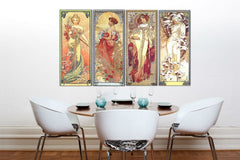 Винтидж картина на платно с мотив ŠTYRI ROČNÉ OBDOBIA 120x70 cm – Alfons Mucha, карта в зелено-златно нюанси окачена в интериор на кухня – интериор