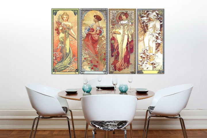 Винтидж картина с мотив ŠTYRI ROČNÉ OBDOBIA 120x70 cm – Alfons Mucha, карта в зелено-златно нюанси | Картина на платно ŠTYRI ROČNÉ OBDOBIA 120x70 cm – Alfons Mucha – преглед
