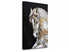 Арт деко картина на платно с мотив ŽREBEC, кон, животно в бяло-златно нюанси, елегантна атмосфера, природа и луксозно впечатление, подходяща за работен кабинет – продукт