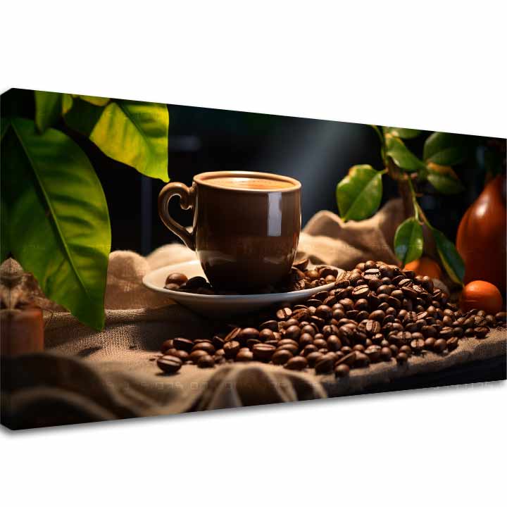 Модерна картина на платно с мотив Majstrovské Dielo Baristu, чаша кафе, природа в бежово-кафяво нюанси, уютна атмосфера, подходяща за кухня – основна
