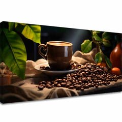 Модерна картина на платно с мотив Majstrovské Dielo Baristu, чаша кафе, природа в бежово-кафяво нюанси, уютна атмосфера, подходяща за кухня – основна