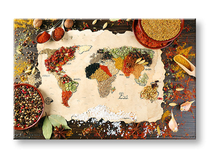 Модерна картина на платно с мотив MAPY, карта на света, пътнически мотив, карта в кафяво-зелено нюанси, подходяща за кухня | Картина за стена MAPY_007 – основна