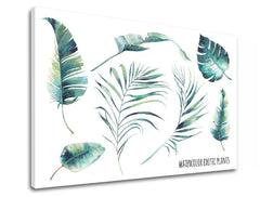 Модерна картина с мотив природа в бяло-синьо нюанси | Картина за стена s textom Watercolor exotic plants, природа и тропически рай – преглед