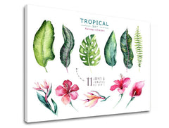 Поп арт картина с мотив цветя, природа в бяло-розово нюанси | Картина за стена s textom Tropical set flamingo, природа и тропически рай – преглед