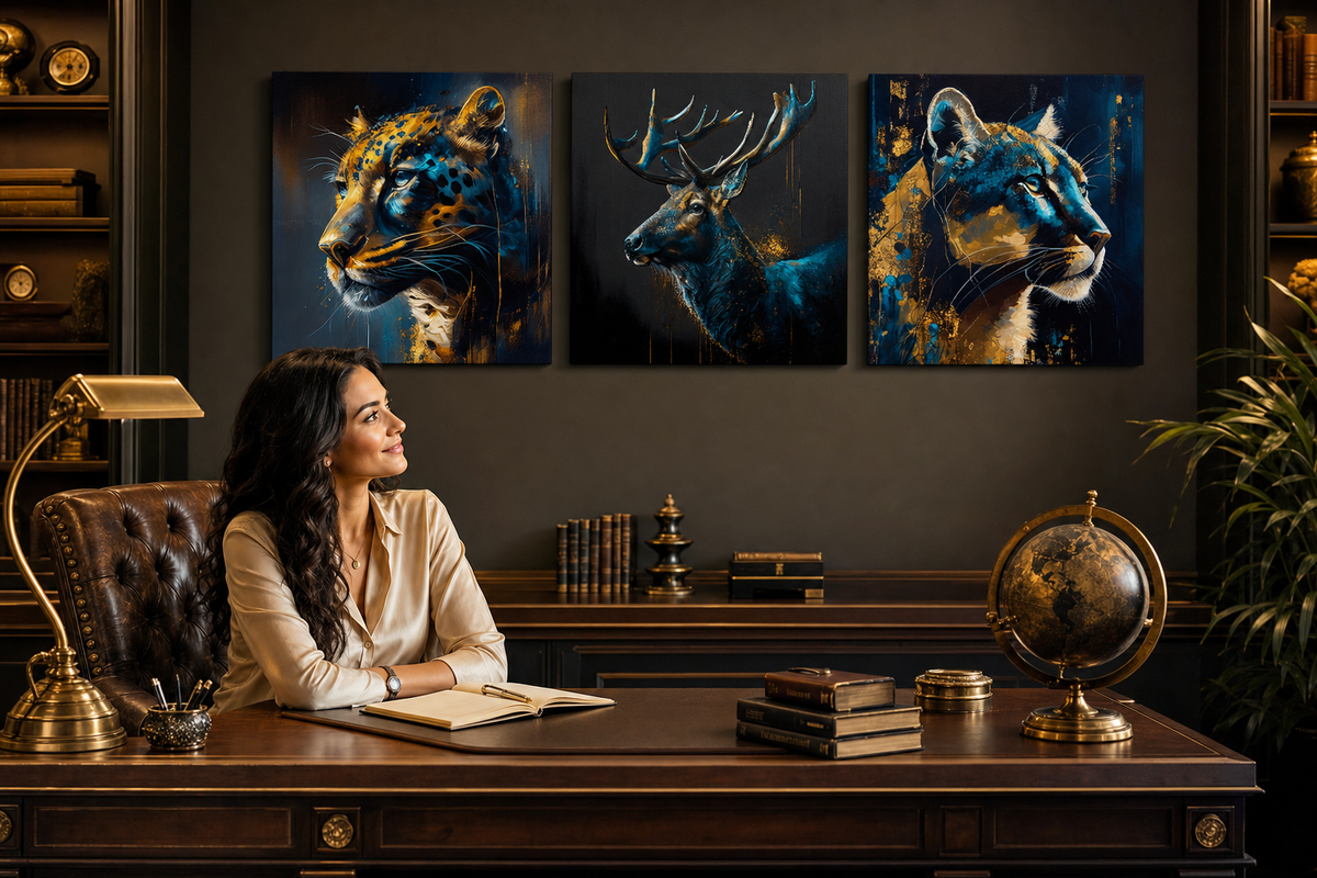 Комплект от 3 картини Safari Gold – Ягуар, Елен, Пума – галерийно опънато платно в луксозен офис Papilora