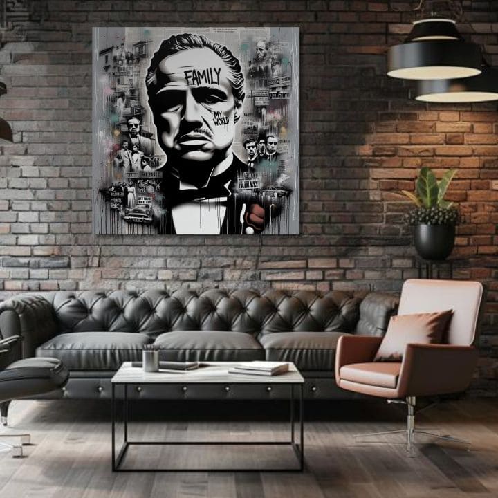 В бохо стил картина на платно с мотив The Godfather - Mafiánsky Boss, карта в бяло-сиво нюанси, сила и мощ и филмов свят, подходяща за офис – продукт
