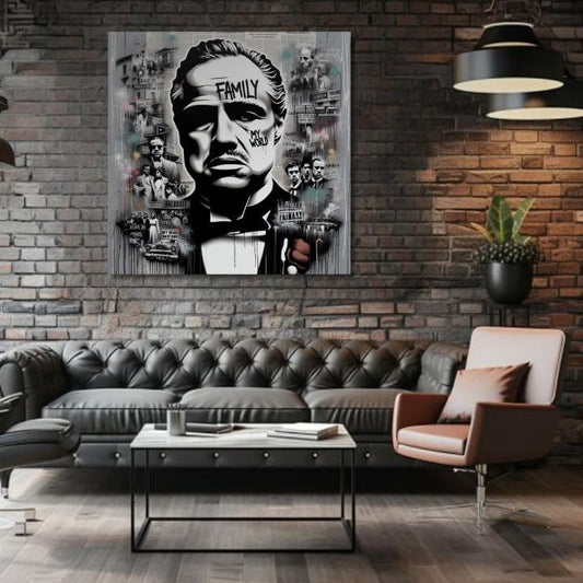 В бохо стил картина на платно с мотив The Godfather - Mafiánsky Boss, карта в бяло-сиво нюанси, сила и мощ и филмов свят, подходяща за офис – продукт