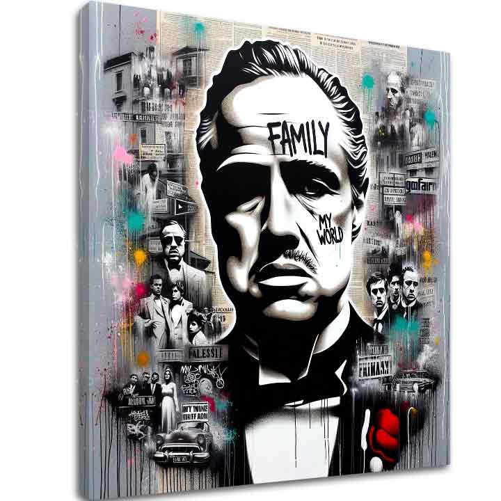 В бохо стил картина на платно с мотив The Godfather - Mafiánsky Boss, карта в бяло-сиво нюанси, сила и мощ и филмов свят, подходяща за офис – основна
