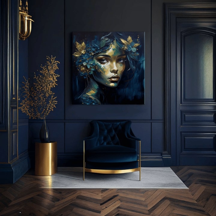 Арт деко картина на платно с мотив Feminine Grace in Motion, цветя, пеперуди, златни акценти, природа в синьо-зелено нюанси, подходяща за работен кабинет – продукт, изглед 3