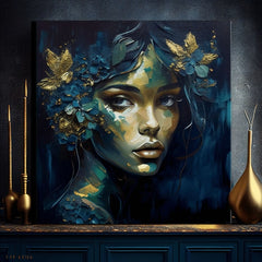 Арт деко картина на платно с мотив Feminine Grace in Motion, цветя, пеперуди, златни акценти, природа в синьо-зелено нюанси, подходяща за работен кабинет – продукт
