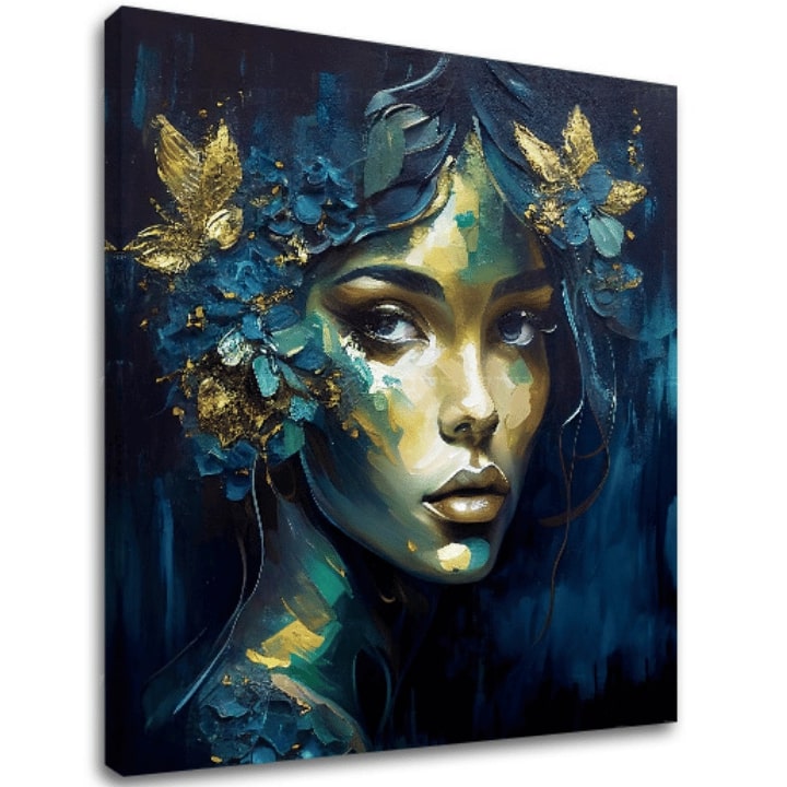 Арт деко картина на платно с мотив Feminine Grace in Motion, цветя, пеперуди, златни акценти, природа в синьо-зелено нюанси, подходяща за работен кабинет – основна