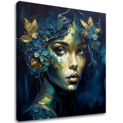 Арт деко картина на платно с мотив Feminine Grace in Motion, цветя, пеперуди, златни акценти, природа в синьо-зелено нюанси, подходяща за работен кабинет – основна