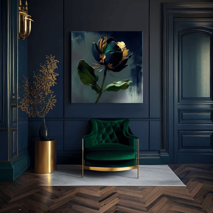 Индустриална картина на платно с мотив Garden's Vibrant Heartbeat, цвете, лале, листа, пейзаж в синьо-сиво нюанси, елегантна атмосфера – продукт, изглед 3