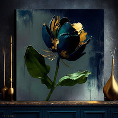 Индустриална картина на платно с мотив Garden's Vibrant Heartbeat, цвете, лале, листа, пейзаж в синьо-сиво нюанси, елегантна атмосфера – продукт