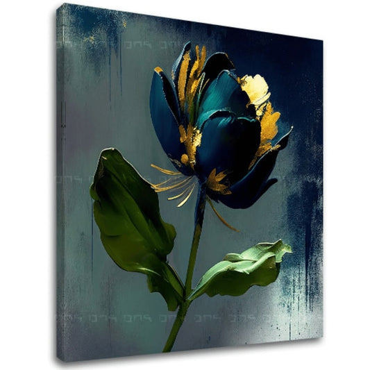 Индустриална картина на платно с мотив Garden's Vibrant Heartbeat, цвете, лале, листа, пейзаж в синьо-сиво нюанси, елегантна атмосфера – основна