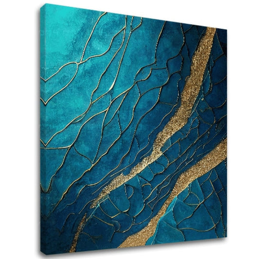 Поп арт картина на платно с мотив Infinite Layers of Abstraction в тюркоазено-златно нюанси, елегантна атмосфера, луксозно впечатление и природа – основна