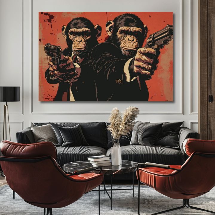 Модерна картина на платно в черно-бяло нюанси, сила и мощ | Monkey Gang - Картина pre смел интериор, стенна декорация – продукт