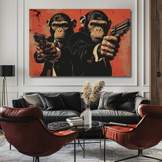 Модерна картина на платно в черно-бяло нюанси, сила и мощ | Monkey Gang - Картина pre смел интериор, стенна декорация – продукт