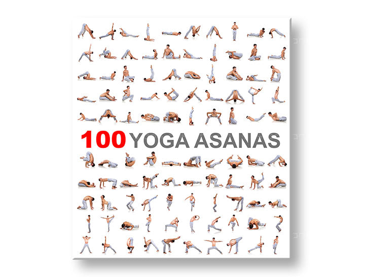 Модерна картина на платно с мотив 100 Yoga asanas, мотивационен цитат в бяло-сиво нюанси, вътрешен мир | Мотивационна картина за стена 100 Yoga asanas – основна