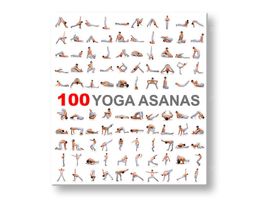 Модерна картина на платно с мотив 100 Yoga asanas, мотивационен цитат в бяло-сиво нюанси, вътрешен мир | Мотивационна картина за стена 100 Yoga asanas – основна