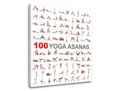 Модерна картина на платно с мотив 100 Yoga asanas, мотивационен цитат в бяло-сиво нюанси, вътрешен мир | Мотивационна картина за стена 100 Yoga asanas – продукт