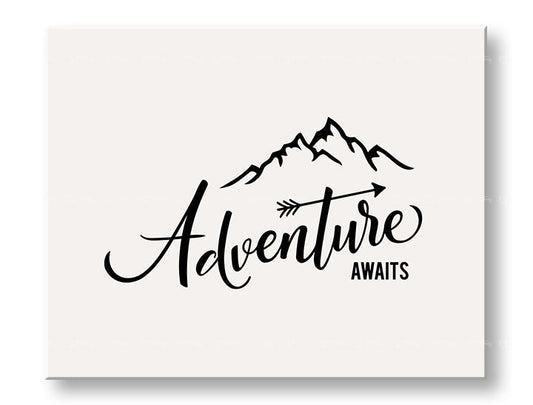 Модерна картина на платно с мотив Adventure awaits, планини, пътнически мотив, мотивационен цитат, природа в бяло-черно нюанси, подходяща за хол – основна