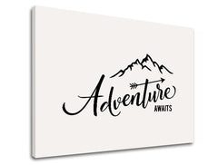Модерна картина на платно с мотив Adventure awaits, планини, пътнически мотив, мотивационен цитат, природа в бяло-черно нюанси, подходяща за хол – продукт