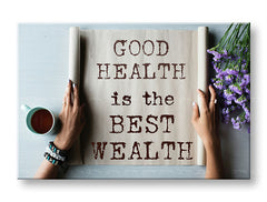 Модерна картина на платно с мотив Good health, цветя, мотивационен цитат, религиозен мотив, природа в бежово-кафяво нюанси, спокойна атмосфера – основна