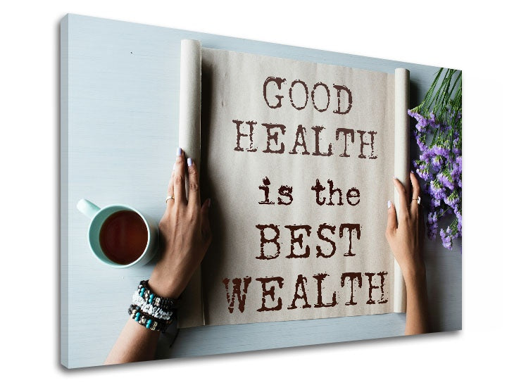 Модерна картина с мотив Good health, цветя, мотивационен цитат в бежово-кафяво нюанси | Мотивационна картина за стена Good health, вътрешен мир – преглед