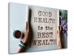 Модерна картина на платно с мотив Good health, цветя, мотивационен цитат, религиозен мотив, природа в бежово-кафяво нюанси, спокойна атмосфера – продукт