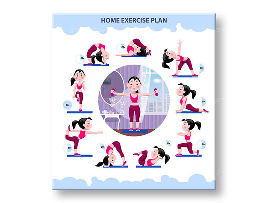 Модерна картина на платно с мотив Home exercise plan, мотивационен цитат, спортен мотив в бяло-синьо нюанси, енергична атмосфера, подходяща за работен кабинет – основна
