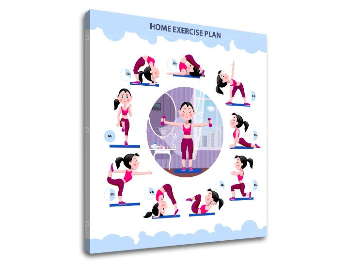 Модерна картина с мотив Home exercise plan, мотивационен цитат, спортен мотив в бяло-синьо нюанси | Мотивационна картина за стена Home exercise plan – преглед