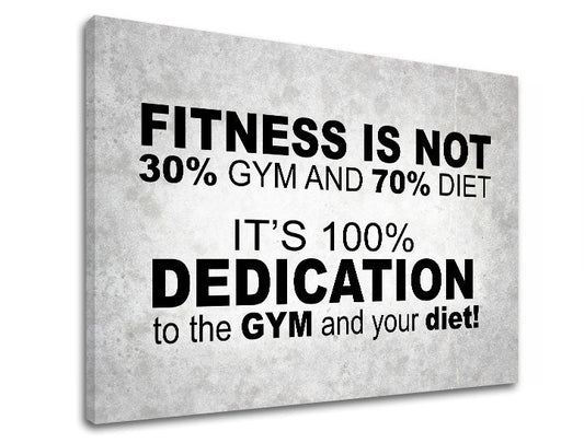 Модерна картина на платно с мотив Fitness is not, мотивационен цитат, природа в бяло-сиво нюанси, подходяща за работен кабинет | Мотивационна картина за стена Fitness is not – продукт
