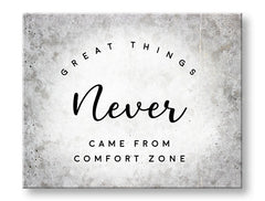 Индустриална картина на платно с мотив Great things, мотивационен цитат, природа в сиво-черно нюанси, растеж и развитие, подходяща за офис – основна