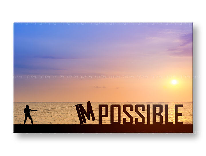 В бохо стил картина на платно с мотив Impossible, залез, океан, пейзаж, море и плаж в виолетово-синьо нюанси, вдъхновяваща атмосфера – основна