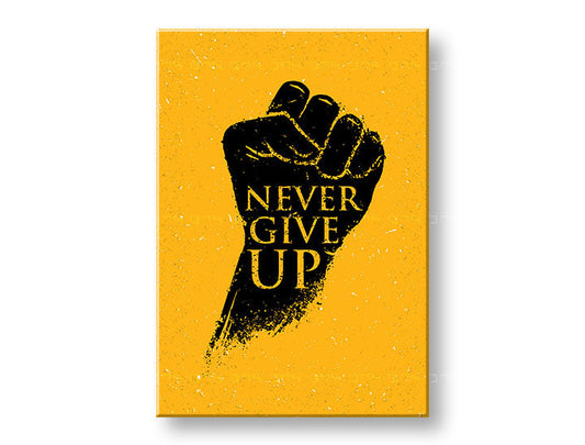 Модерна картина на платно с мотив Never give up, мотивационен цитат в черно-жълто нюанси, сила, подходяща за офис | Мотивационна картина за стена Never give up – основна