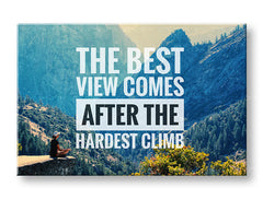 Модерна картина на платно с мотив The best view comes, гора, мотивационен цитат в бяло-черно нюанси, природа и вътрешен мир, подходяща за офис – основна