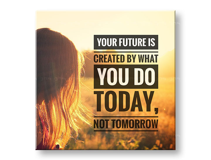 Модерна картина на платно с мотив Your future is created, залез, поле, коса, пейзаж в бяло-златно нюанси, подходяща за офис | Мотивационна картина за стена Your future is created – основна