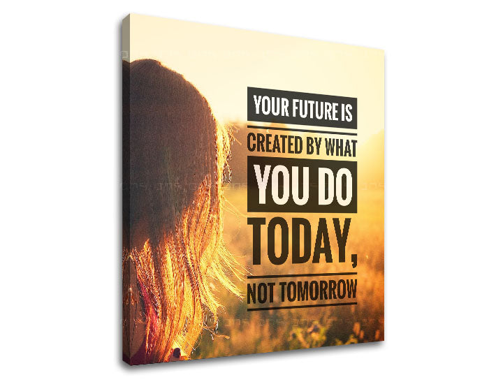 Модерна картина на платно с мотив Your future is created, залез, поле, коса, пейзаж в бяло-златно нюанси, подходяща за офис | Мотивационна картина за стена Your future is created