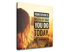 Модерна картина на платно с мотив Your future is created, залез, поле, коса, пейзаж в бяло-златно нюанси, подходяща за офис | Мотивационна картина за стена Your future is created