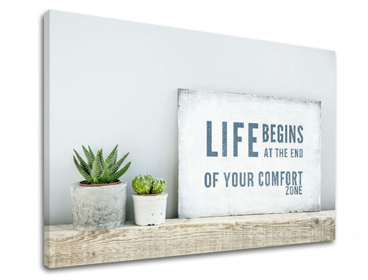 Модерна картина на платно с мотив Life begins, мотивационен цитат, природа в зелено нюанси, вдъхновяваща атмосфера, подходяща за офис | Мотивационна картина за стена Life begins – основна