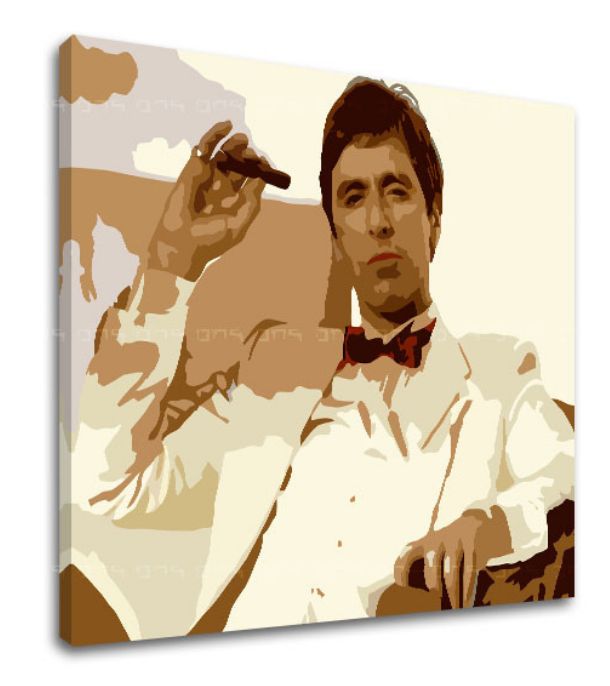 Поп арт картина на платно с мотив Tony Montana fajčiaci cigaru, природа в кафяво нюанси, сила и мощ и криминална драма, подходяща за офис – продукт, изглед 2