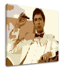 Поп арт картина на платно с мотив Tony Montana fajčiaci cigaru, природа в кафяво нюанси, сила и мощ и криминална драма, подходяща за офис – продукт, изглед 2