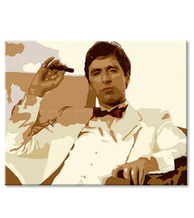 Поп арт картина на платно с мотив Tony Montana fajčiaci cigaru, природа в кафяво нюанси, сила и мощ и криминална драма, подходяща за офис – продукт, изглед 3