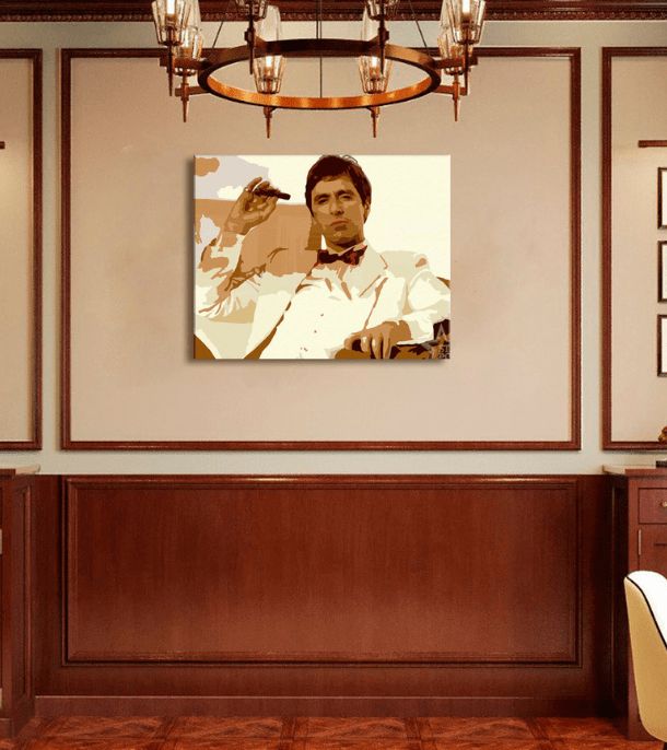 Поп арт картина на платно с мотив Tony Montana fajčiaci cigaru, природа в кафяво нюанси, сила и мощ и криминална драма, подходяща за офис – продукт
