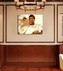 Поп арт картина на платно с мотив Tony Montana fajčiaci cigaru, природа в кафяво нюанси, сила и мощ и криминална драма, подходяща за офис – продукт