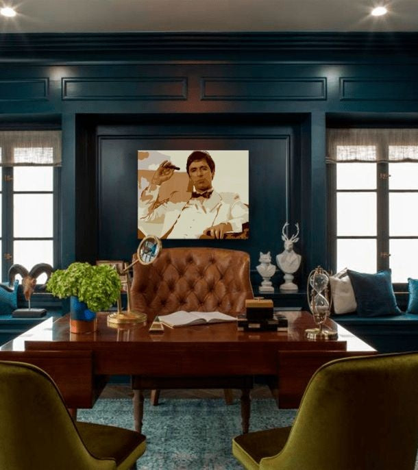 Поп арт картина на платно с мотив Tony Montana fajčiaci cigaru, природа в кафяво нюанси, сила и мощ и криминална драма, подходяща за офис – основна
