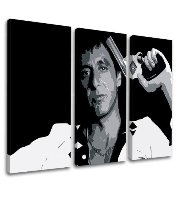 Поп арт картина на платно с мотив Tony Montana so zbraňou v ruke в бяло-сиво нюанси, интензивна атмосфера, филмов свят и сила и мощ | Най-голям mafiáni na платно Scarface - Tony Mon..., изглед 3